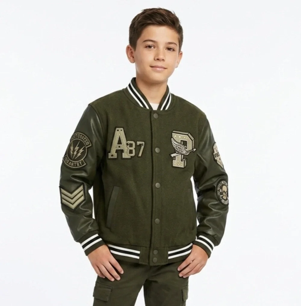 Ring of Fire Boys HANAN Varsity Jacket Patches Olive Green Faux Leather S 8